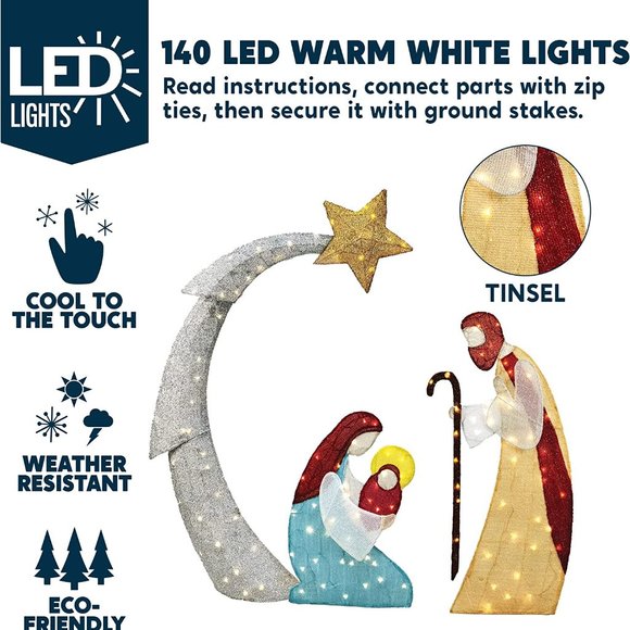 5 Ft Christmas Nativity Scene | Yard Light w 140 Pre-lit LED Warm Lights Outdoor - Picture 3 of 5